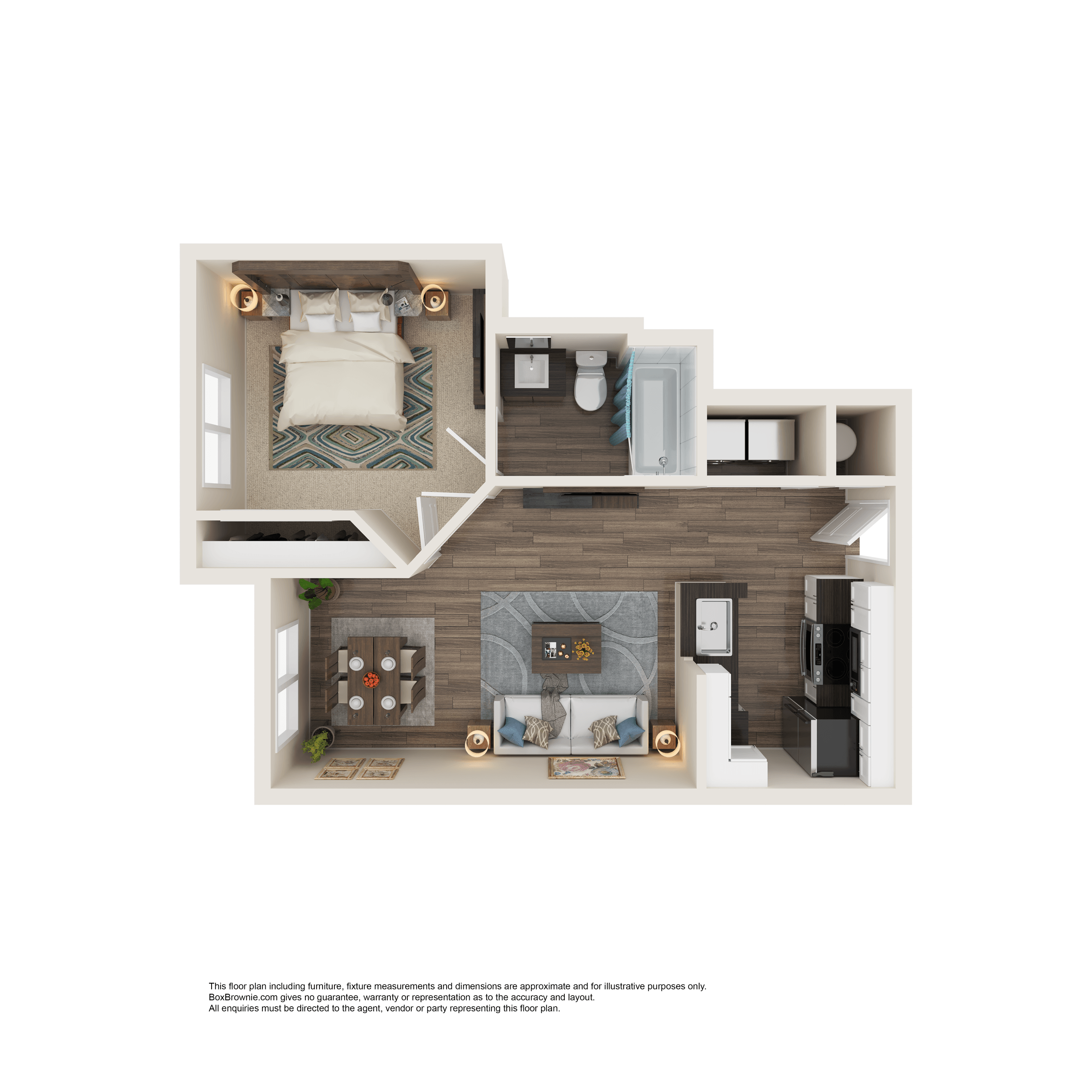 Floor plan for 1 bed, 1 bath, 527 sqft